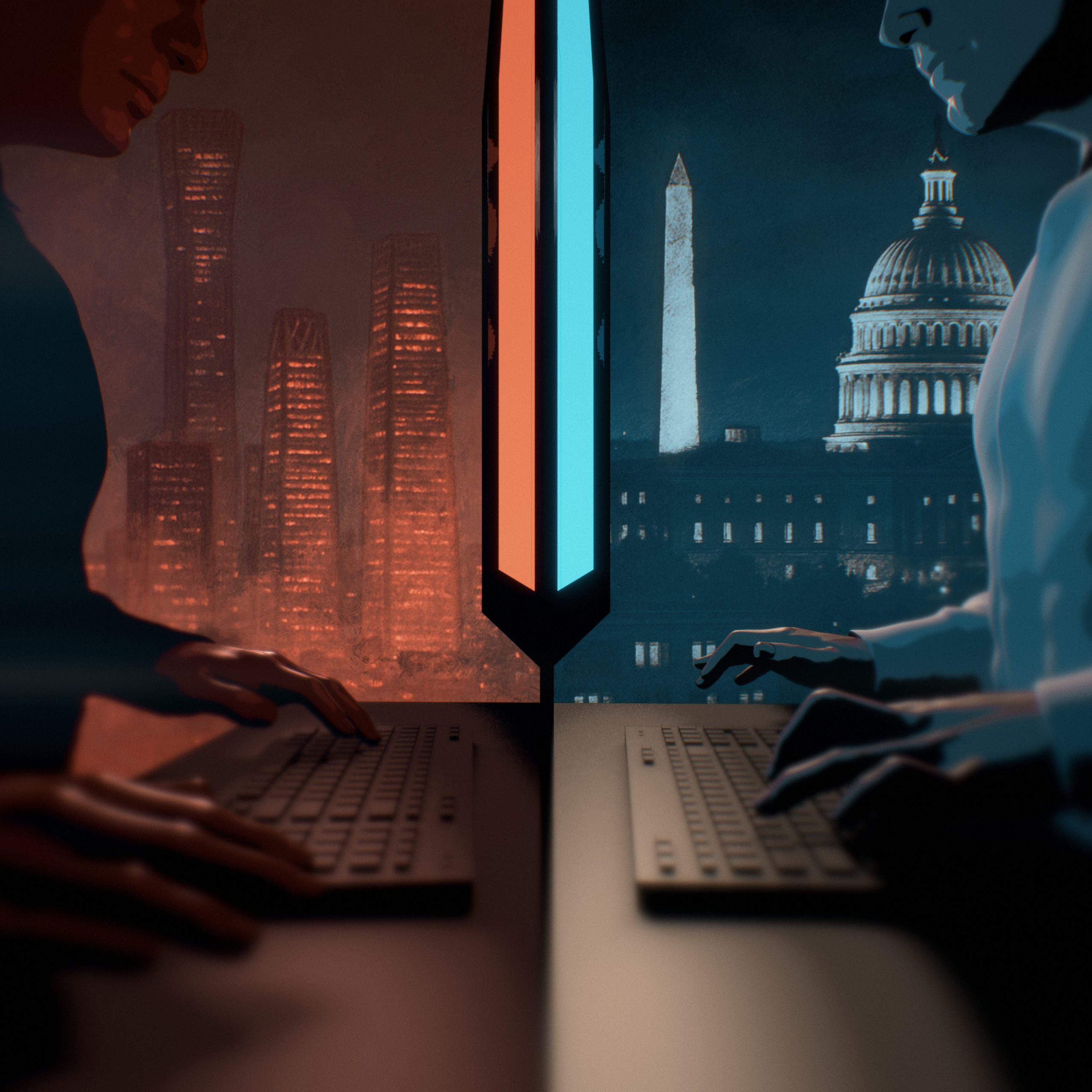 A split-screen illustration showing, on the left, a red computer monitor illuminating a worker looking at the screen with the Beijing skyline in the background. On the right is a blue computer monitor illuminating a worker looking at the screen with the Washington, D.C., skyline in the background.
