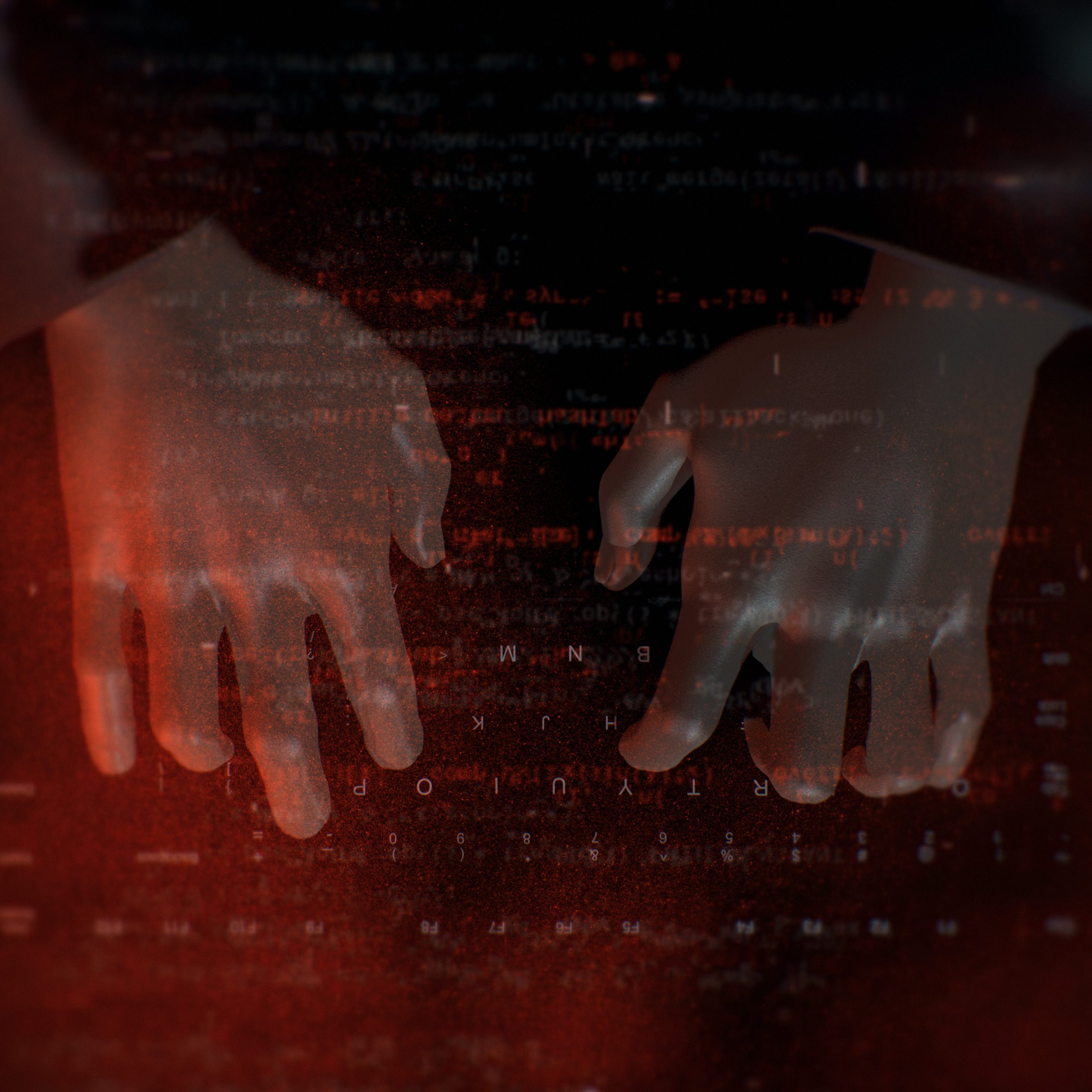 An illustration showing hands typing on a computer keyboard, bathed in red light, with mysterious code overlaid.