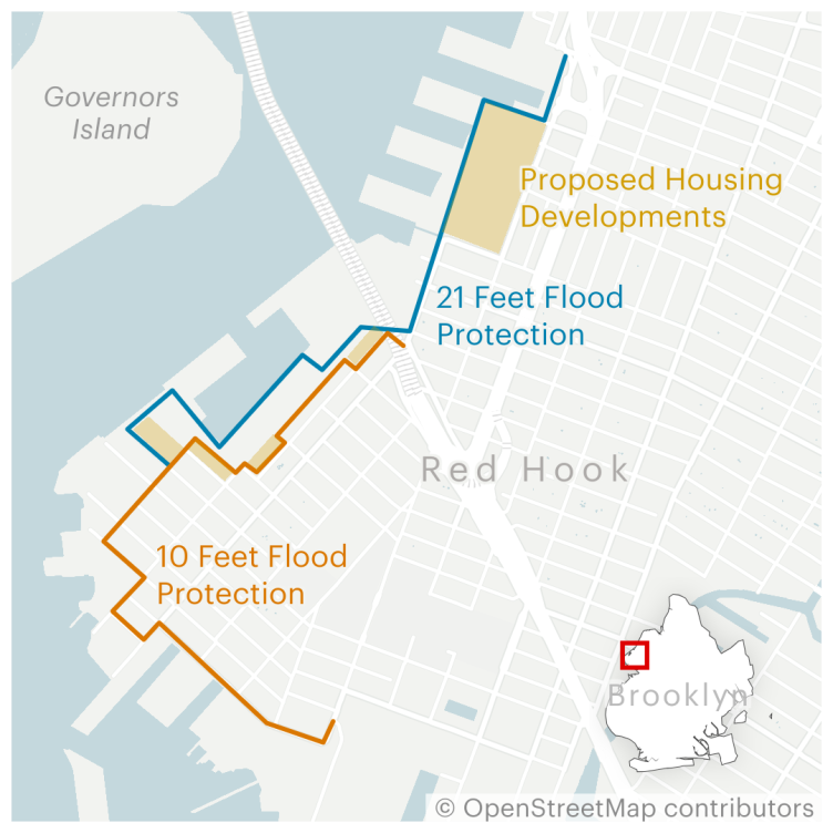 A map of the Red Hook neighborhood in Brooklyn. A blue line labeled "21 Feet Flood Protection" traces the northeastern waterfront. There are several blocks labeled "Proposed Housing Developments" near the blue line. An orange line traces the waterfront along the south. The orange line is labeled "10 Feet Flood Protection". There are no proposed housing developments in the southern part of the neighborhood.