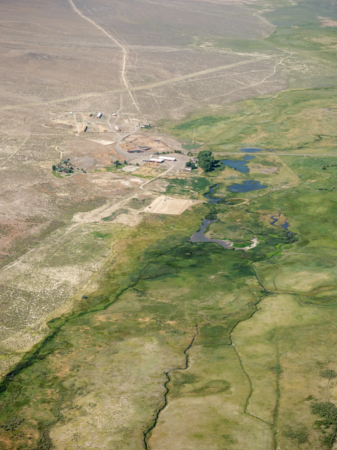 An aerial photo shows a green landscape around a stream and ponds next to brown desert, with a cattle ranch in the center. 