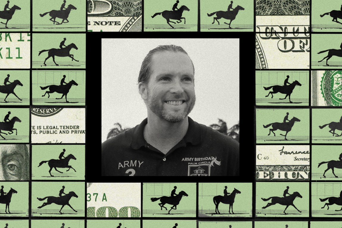 A smiling man with a beard is in the center of an illustration surrounded by running horses and parts of a $100 bill.
