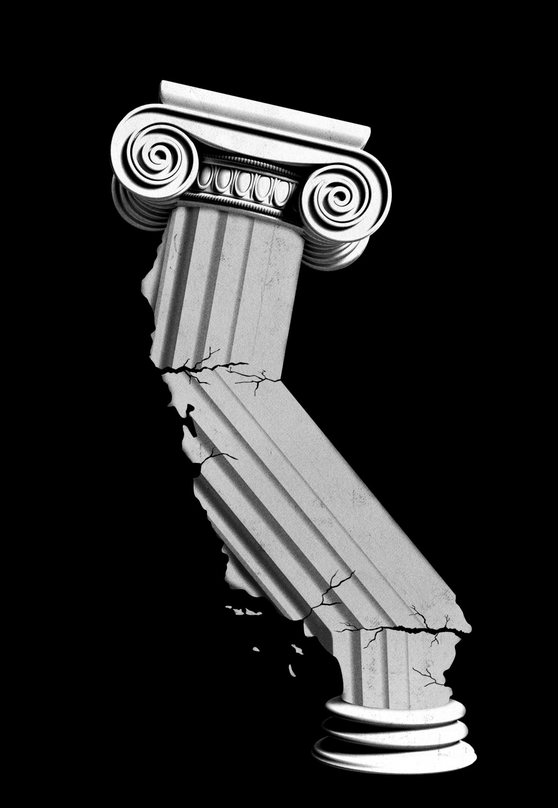 A classical column in the shape of California starting to crack.