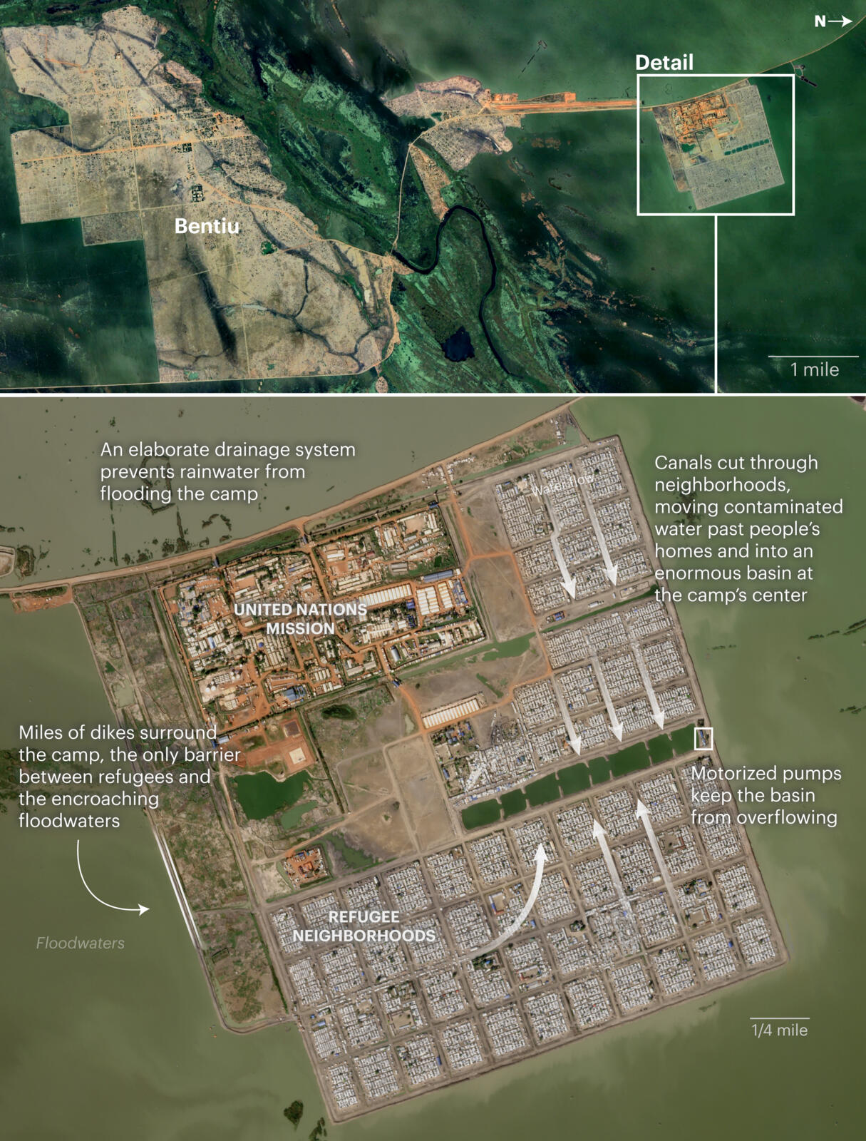 Satellite images show a refugee camp encircled by floodwaters, with annotations describing how canals and motorized pumps keep rainwater out of neighborhoods.