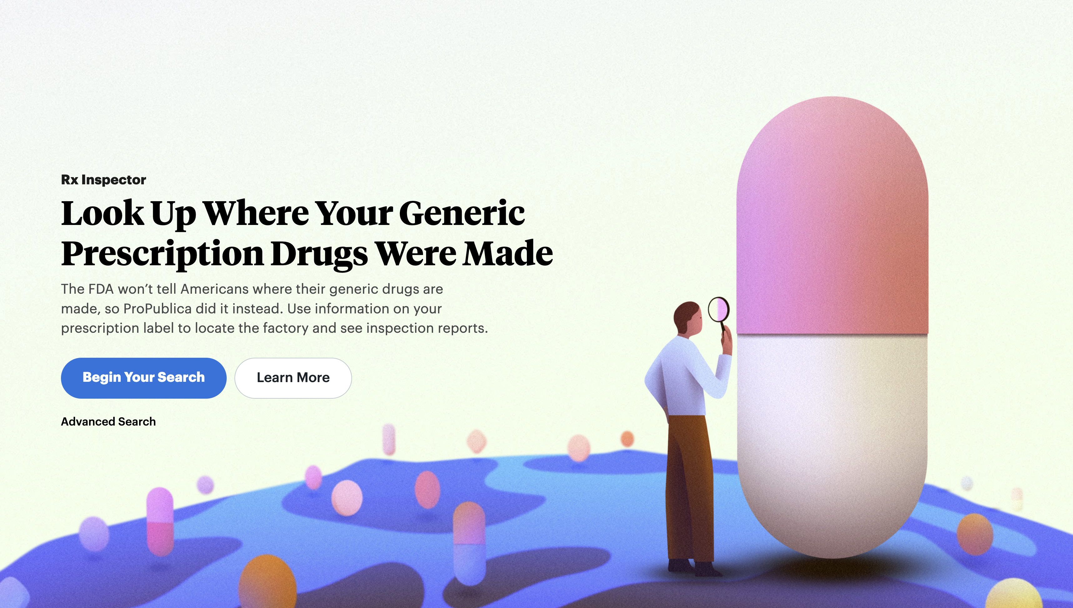 An illustration of a person inspecting an exaggeratedly large pill with a magnifying glass amid a landscape dotted with smaller pills.
