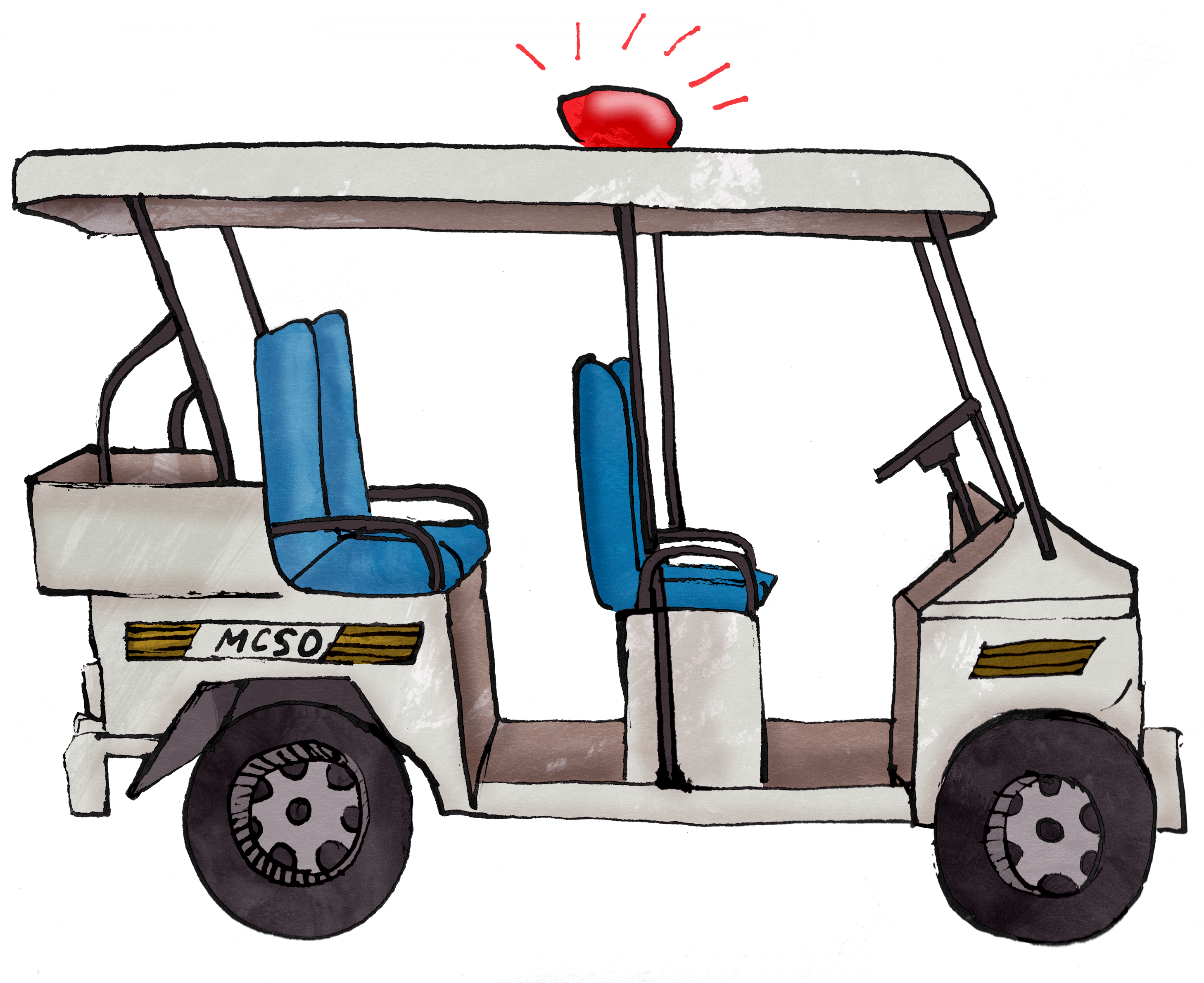 An illustration of a white golf cart with blue seats, a red flashing siren on the roof and “MCSO” markings on the side.
