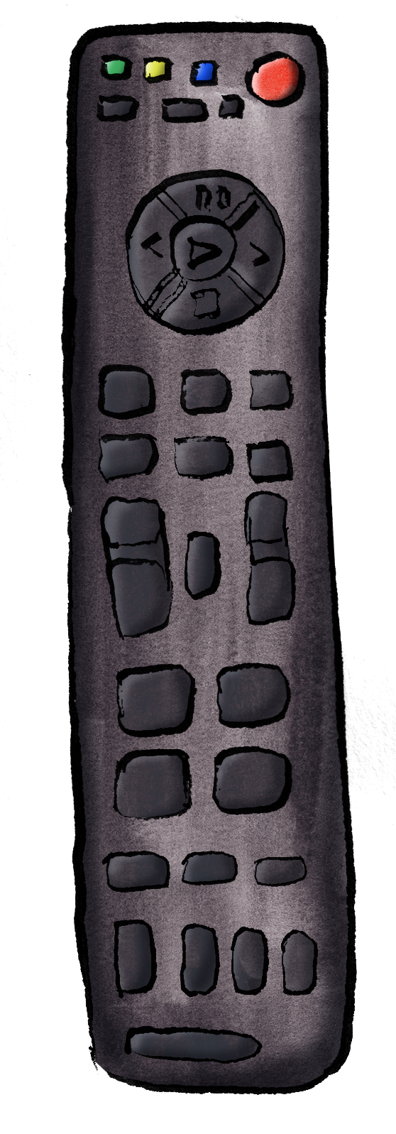 An illustration of a black remote control with various buttons, including a prominent circular directional pad and a red power button at the top right.